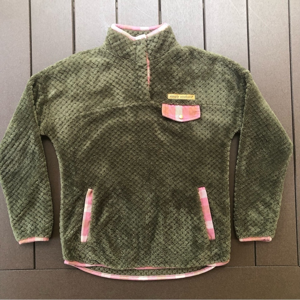 Simply Southern Olive Fluffy Pullover with Pink Trim Size S